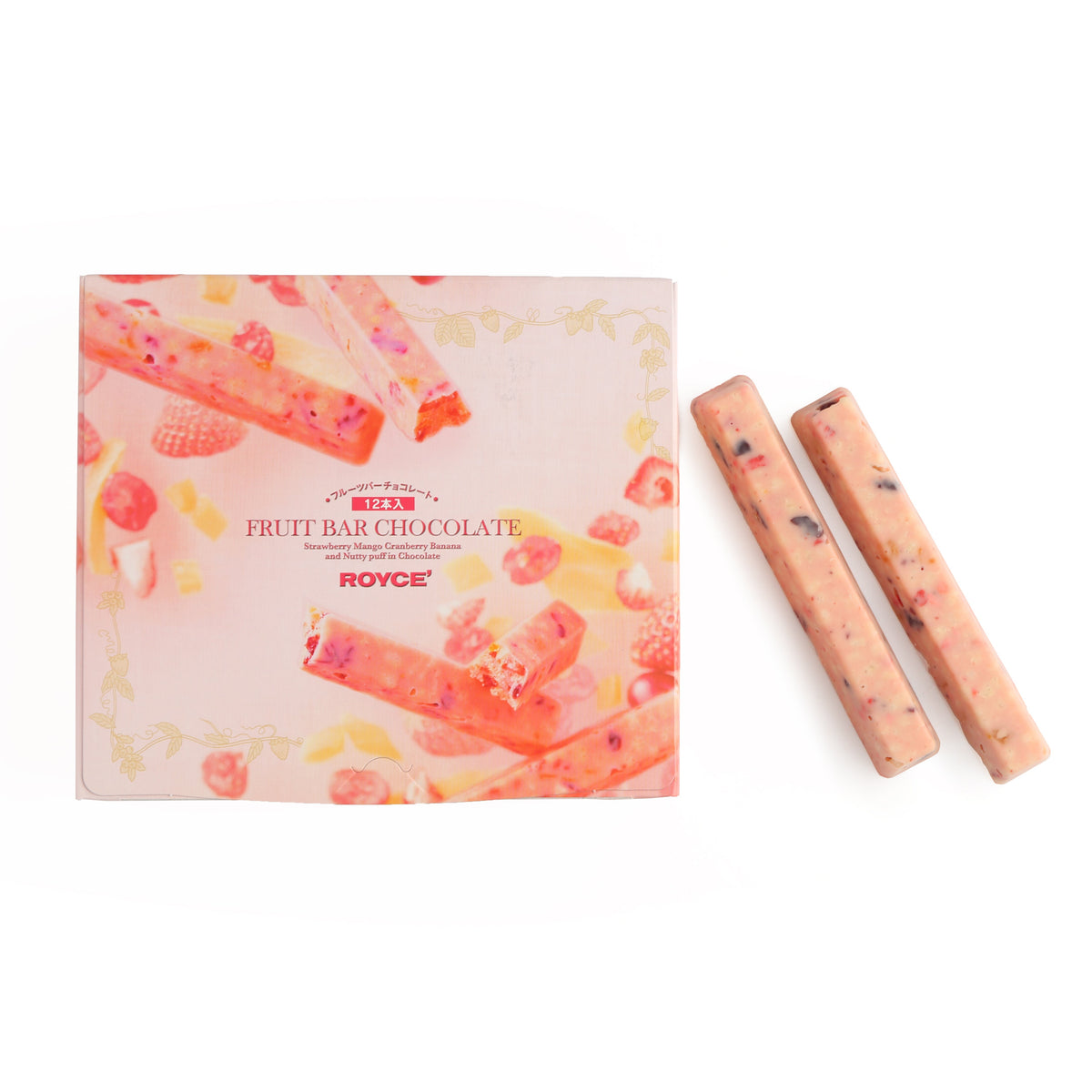 ROYCE' fruit bar chocolate pack with two strawberry-flavored bar pieces.