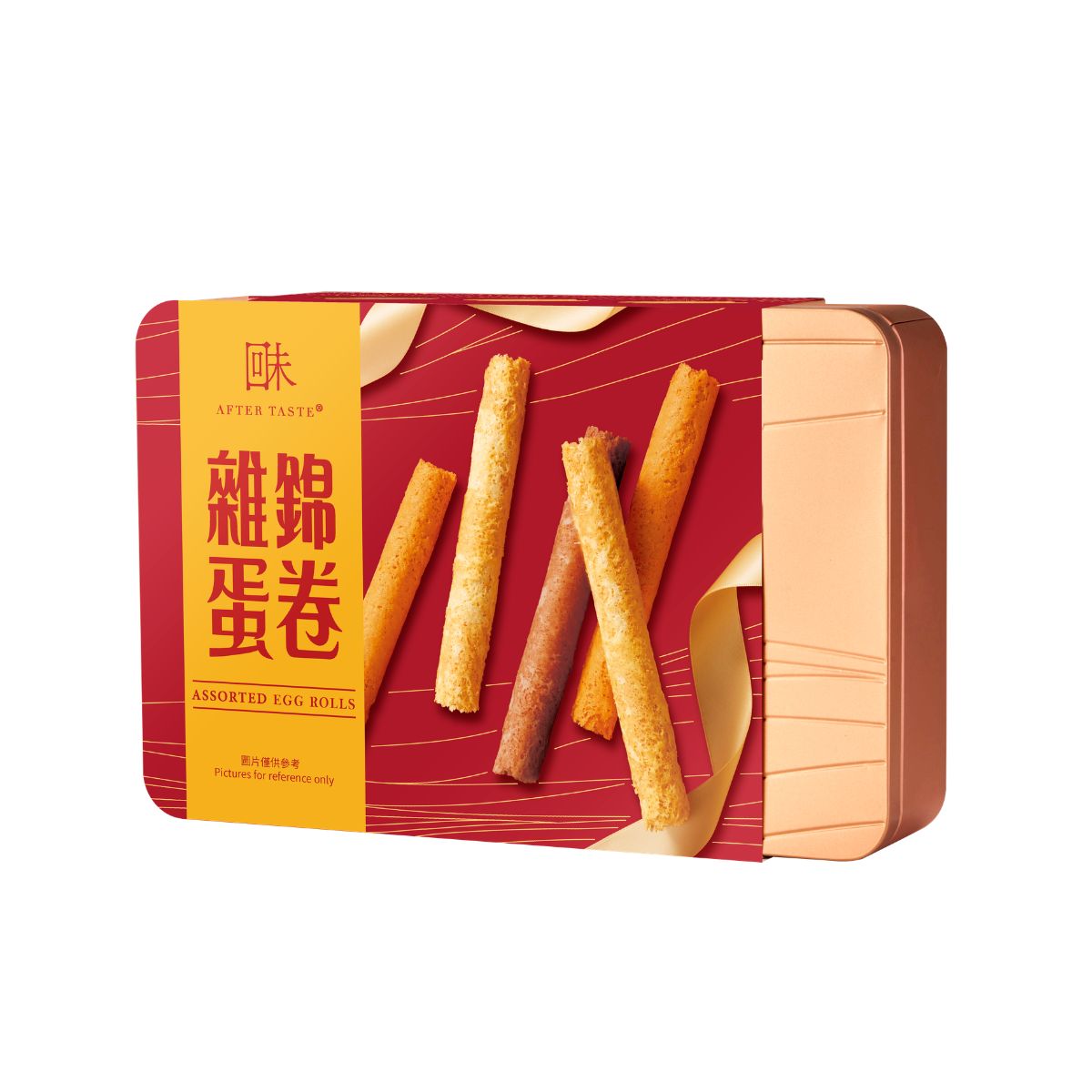 Assorted egg rolls gift box with red design and visible fried roll sticks through window