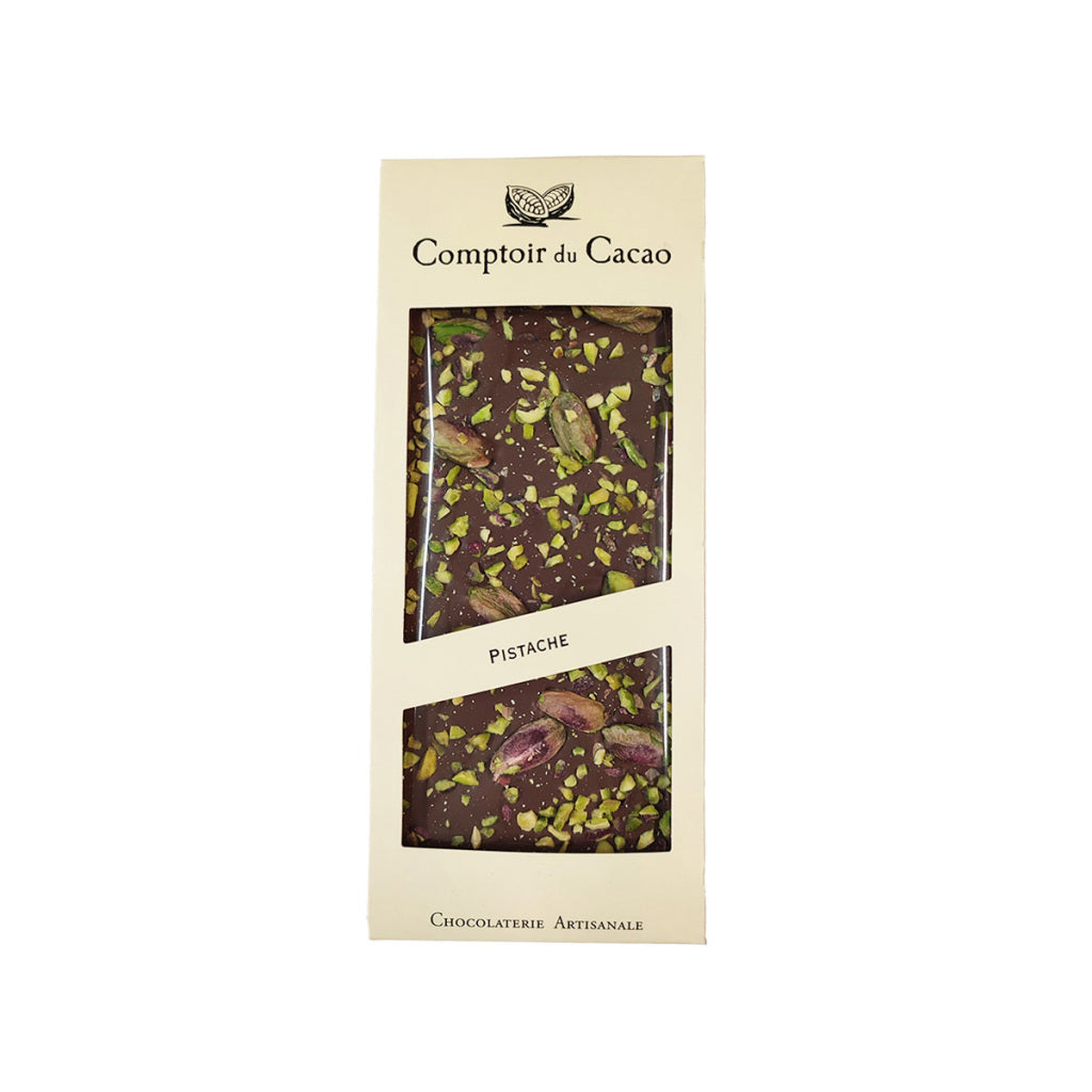 Comptoir du Cacao pistachio milk chocolate bar in kraft wrapper, pieces design