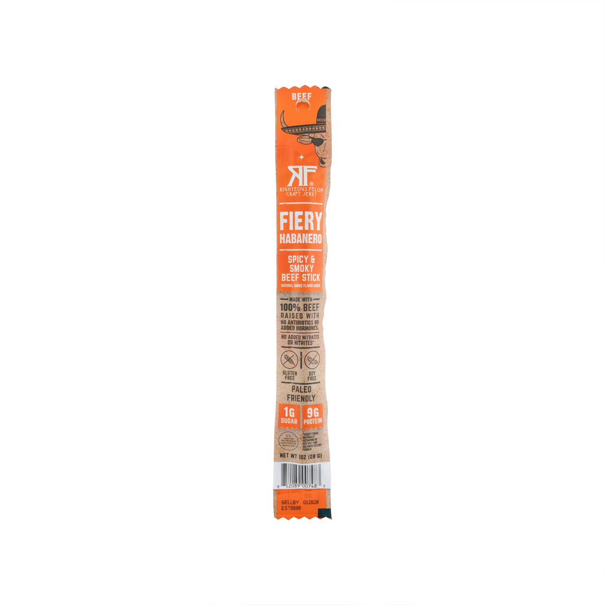 RIGHTEOUS FELON fiery habanero beef stick in sealed package, front label