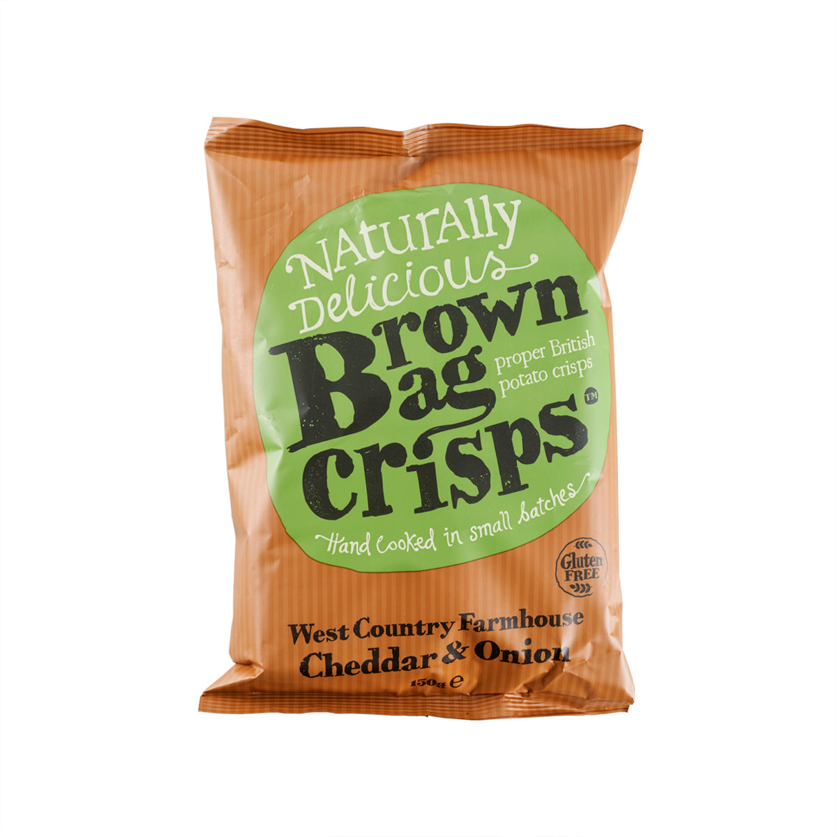 Brown Bag Crisps Cheddar & Onion potato crisps bag, front view, 150 g