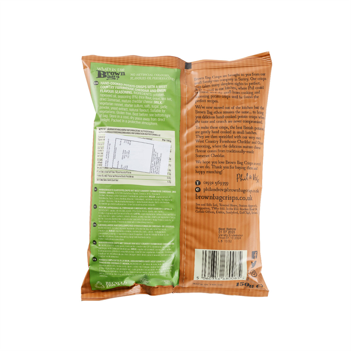 Brown Bag Crisps Cheddar & Onion potato crisps bag, back with ingredients
