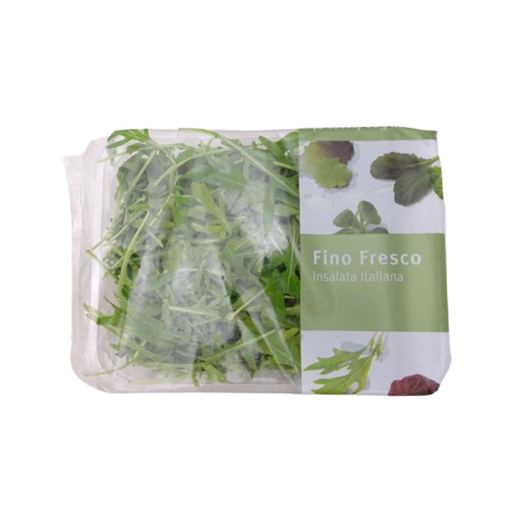 Italian arugula salad greens in 120g bag, fresh green leaves visible through plastic