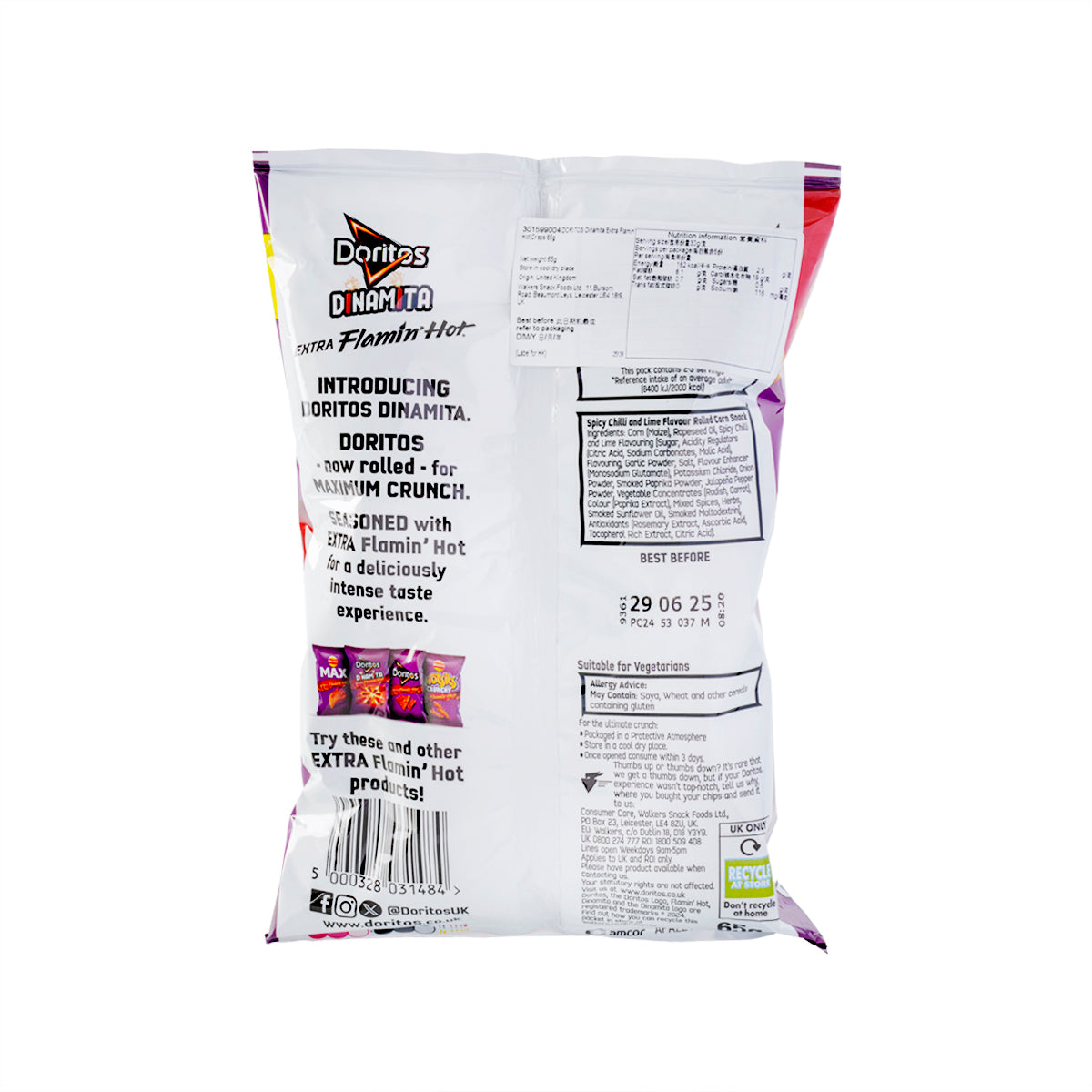 Doritos Dinamita Extra Flamin’ Hot crisps bag, back panel with nutrition and barcode