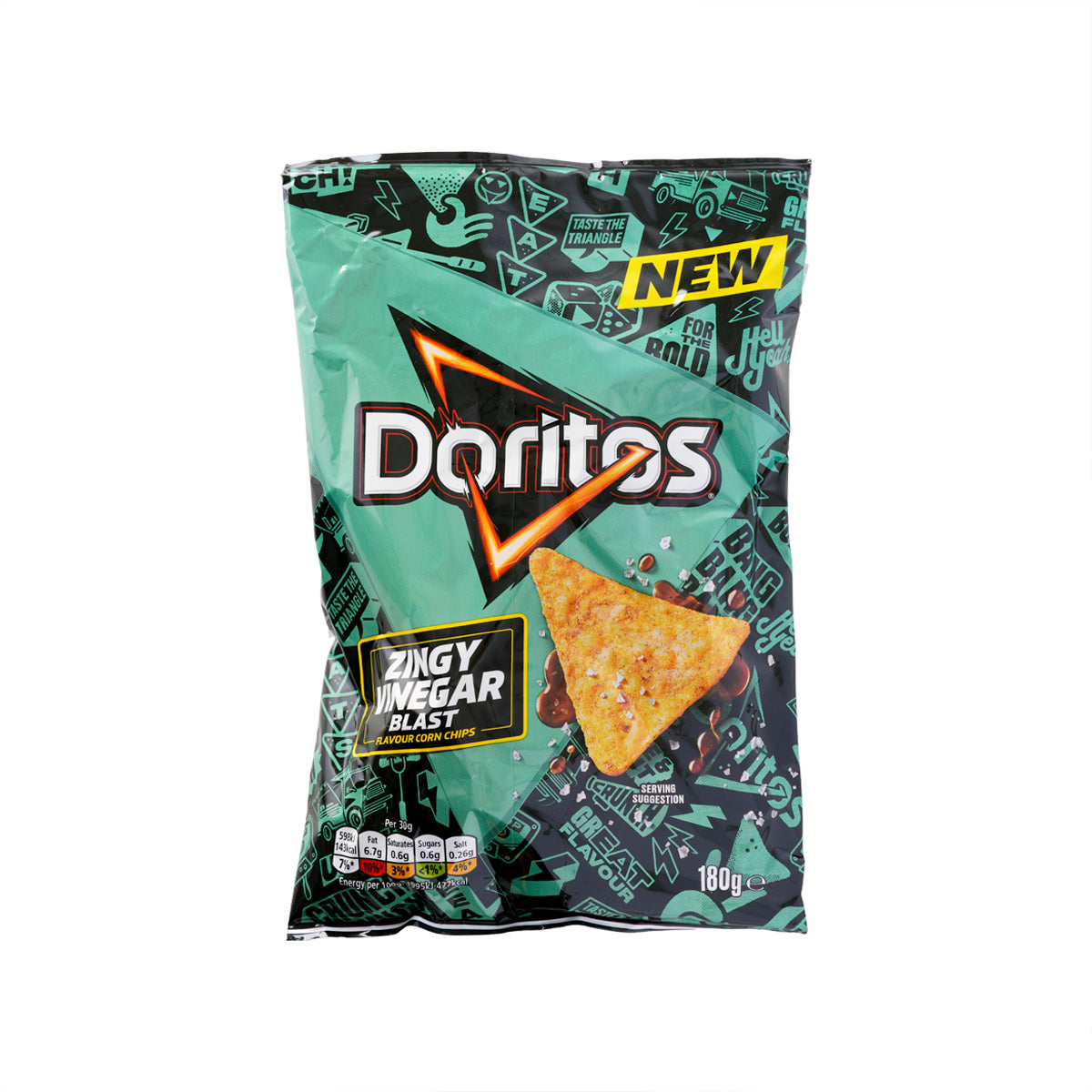 Doritos tortilla chips bag, Zingy Salt & Vinegar flavor, 180g