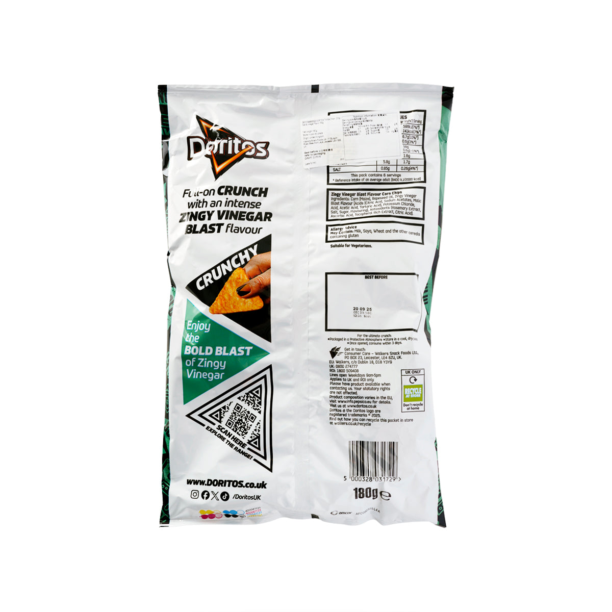 Doritos tortilla chips bag back, Zingy Salt & Vinegar flavor, 180g