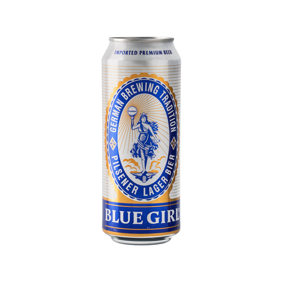 Pilsener lager beer can, silver with blue label reading Blue Girl