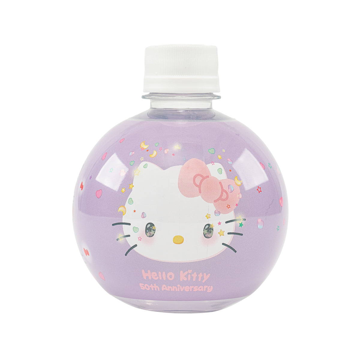 Purple Hello Kitty 50th anniversary water bottle with white cap, 350 mL