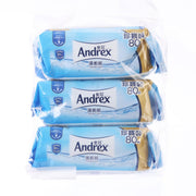 Moist bath tissue packs, three blue Andrex wipes rolls in plastic wrap