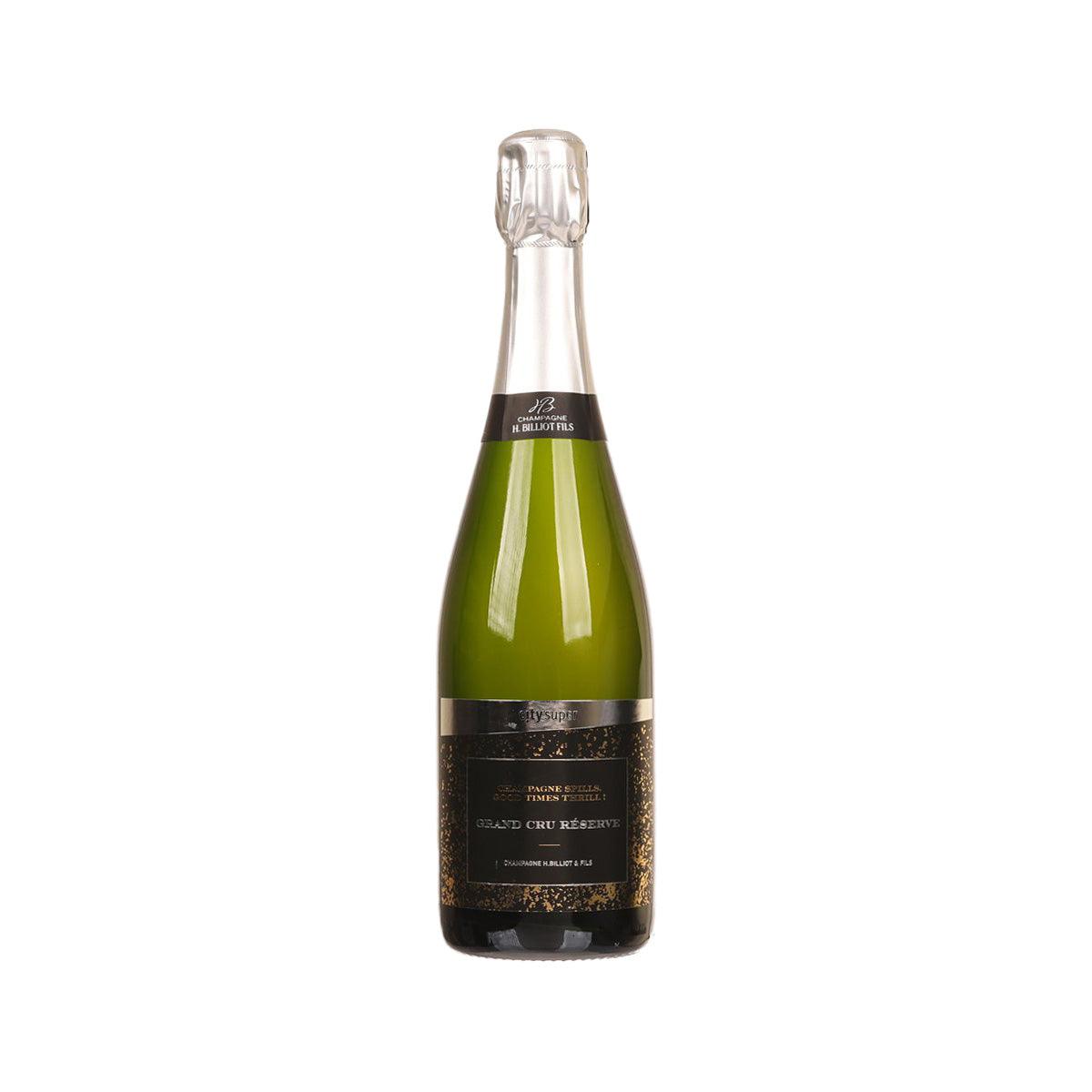 Champagne bottle with green glass and foil crown; CITYSUPER H. Billiot Grand Cru Reserve