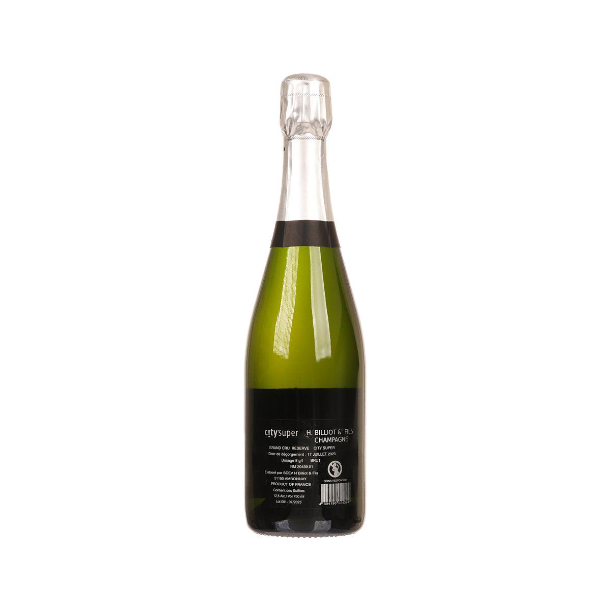 Champagne bottle with green glass and foil crown; CITYSUPER label, H. Billiot Grand Cru