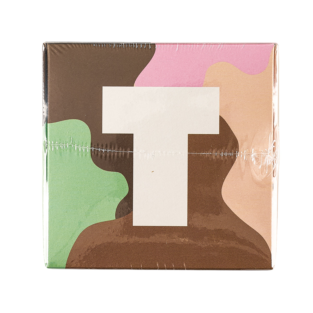 Assorted chocolate box with bolt-shaped design, pink and green abstract graphics