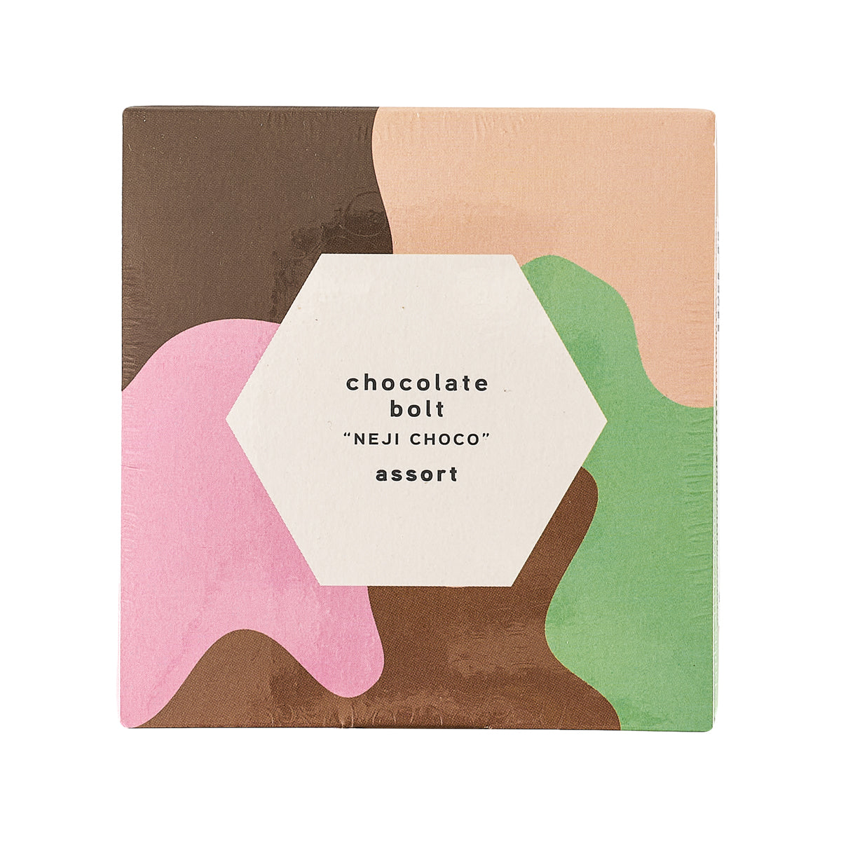 Chocolate assort box with 'chocolate bolt' label on abstract pink, green and brown art