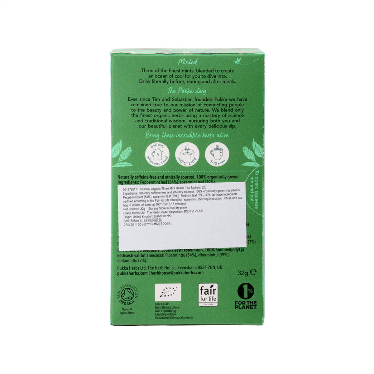 Back of mint herbal tea sachet box with serving instructions and icons