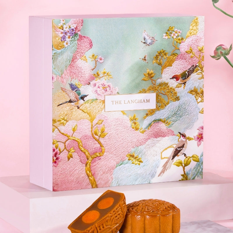 THE LANGHAM mooncake gift box with pastel floral and bird illustration