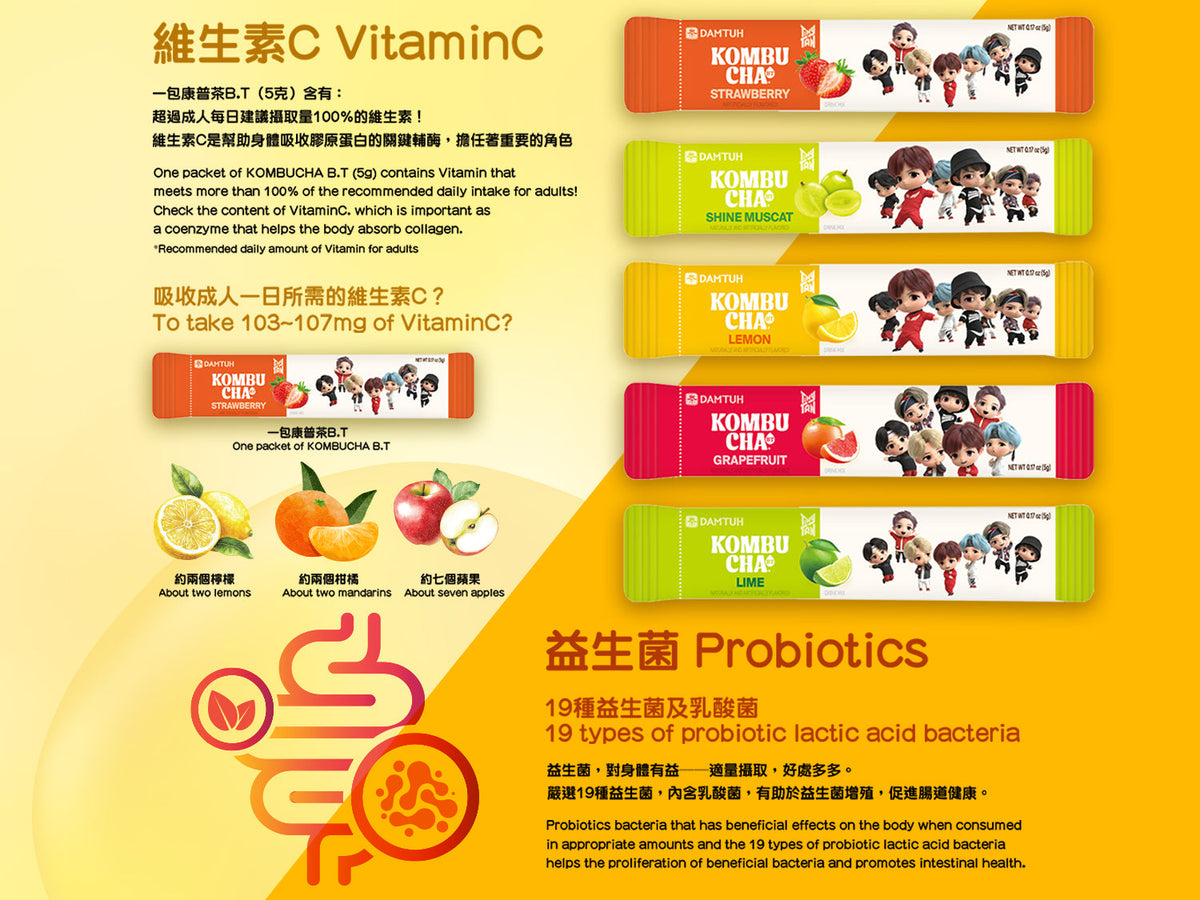 Kombucha BT supplement information panel with vitamin C and probiotics layout and packets
