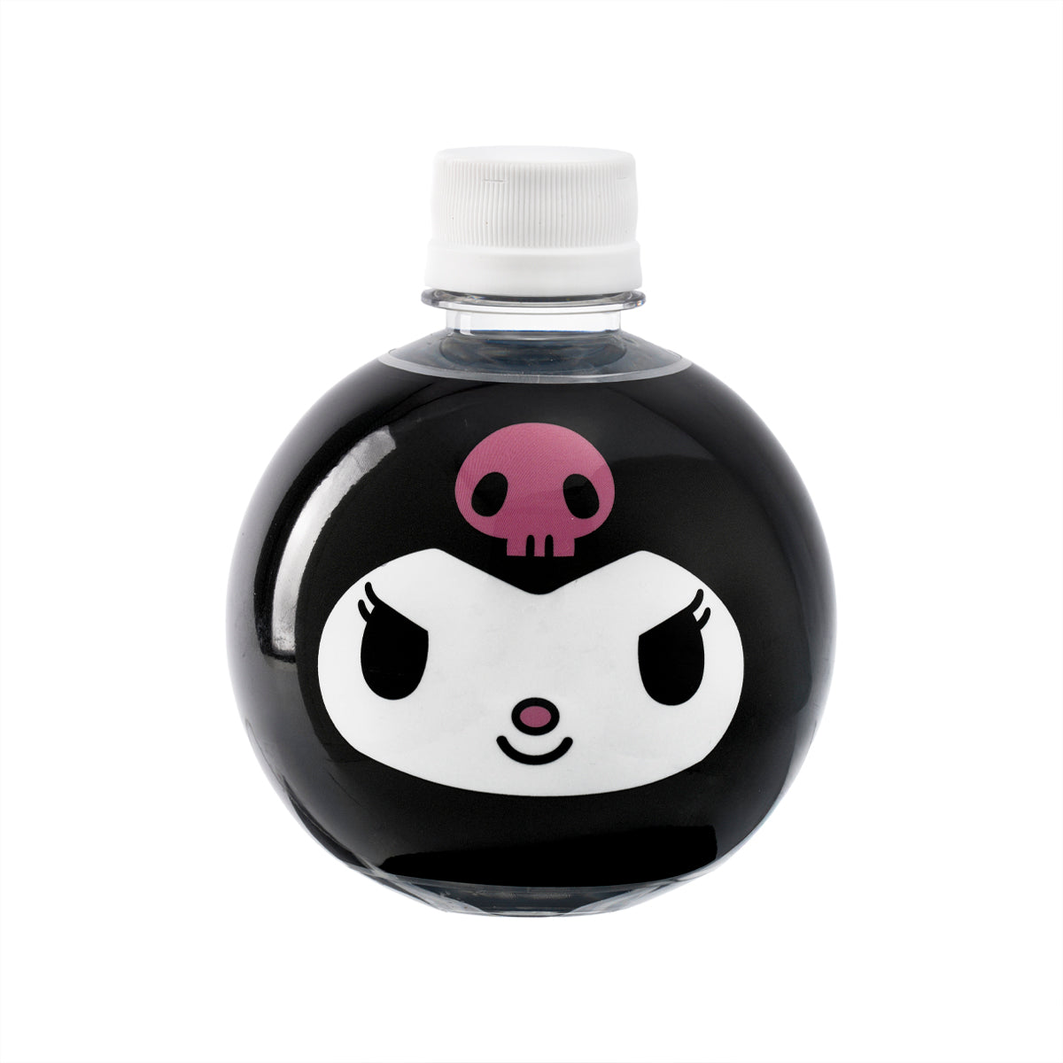 Kuromi character water bottle, black with white face and purple skull, 350 mL