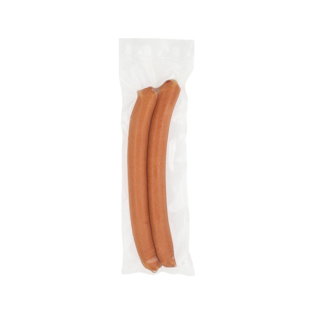 GRAEFKE bockwurst sausages, two brown links in clear vacuum bag