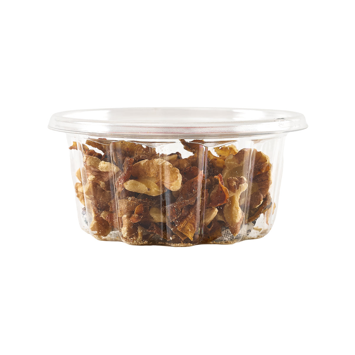 OKABE nut and spicy scallop snack in clear plastic cup filled with snack pieces