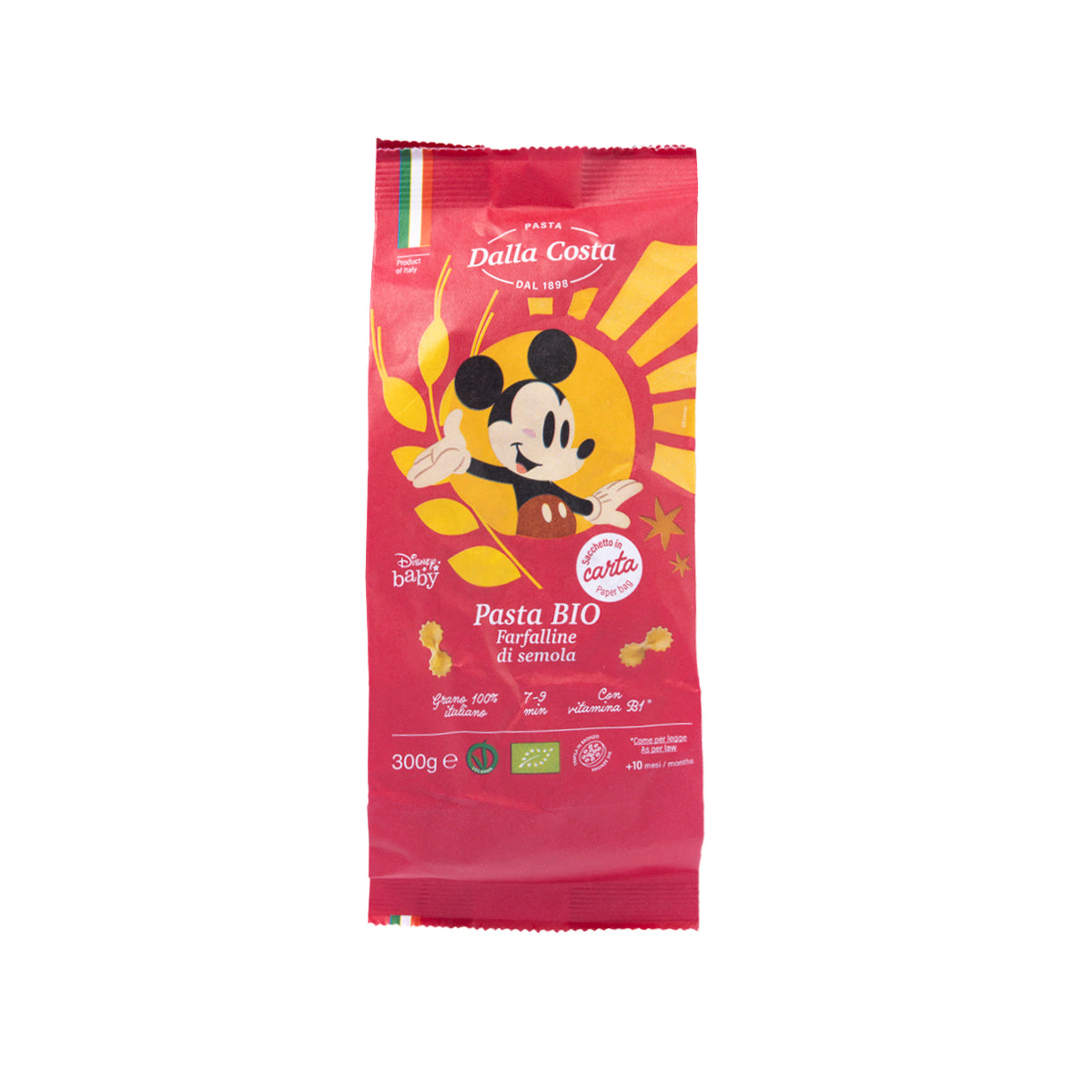 Dalla Costa organic farfalline pasta 300g bag, front design with cartoon character