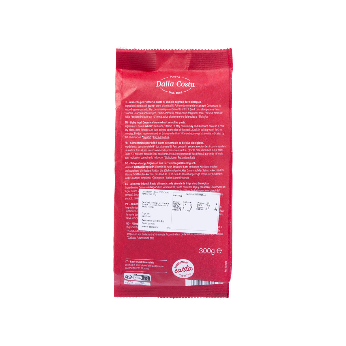 Dalla Costa organic farfalline pasta 300g bag, back panel with ingredients text