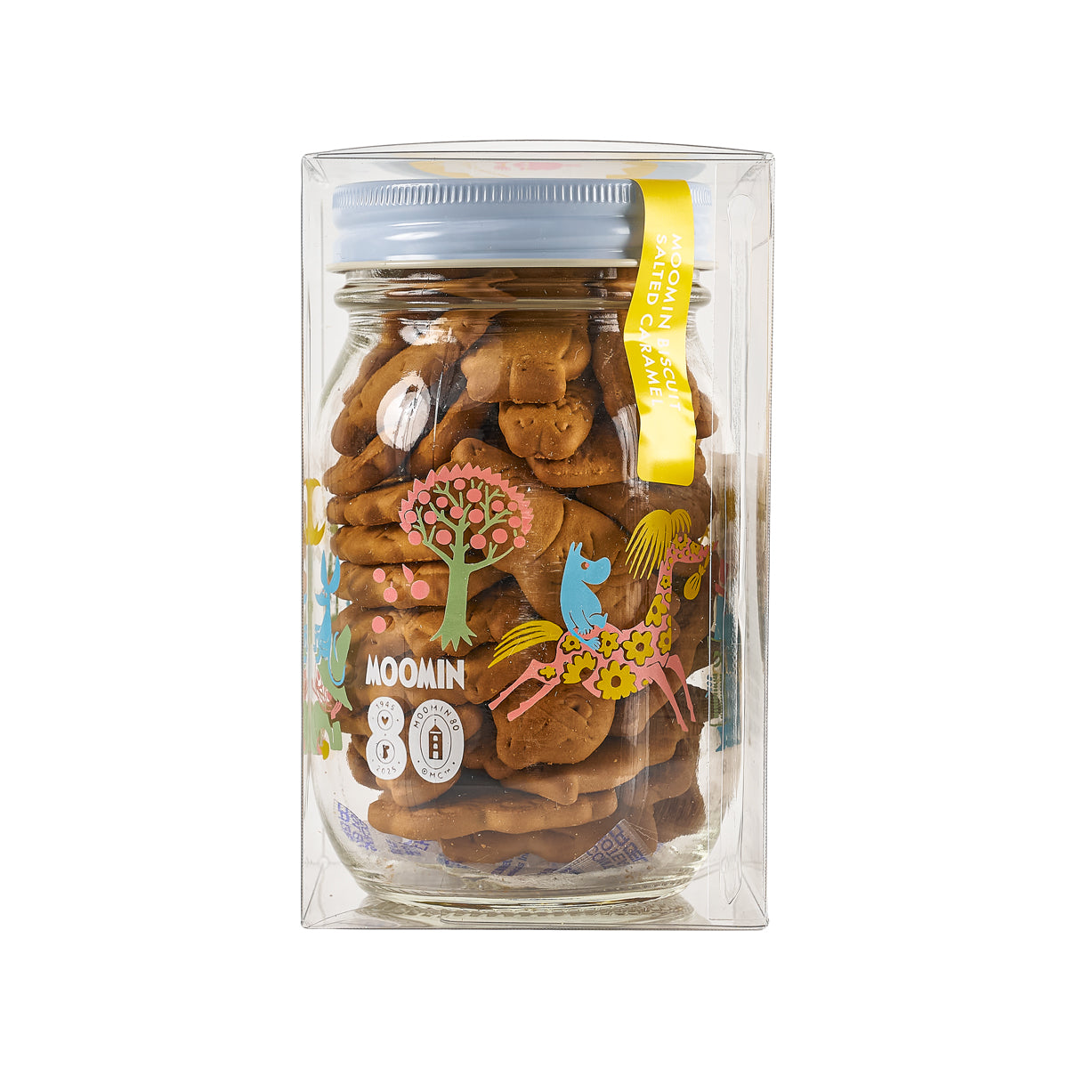 Clear plastic jar of Moomin salt caramel biscuits, sealed, with character graphics