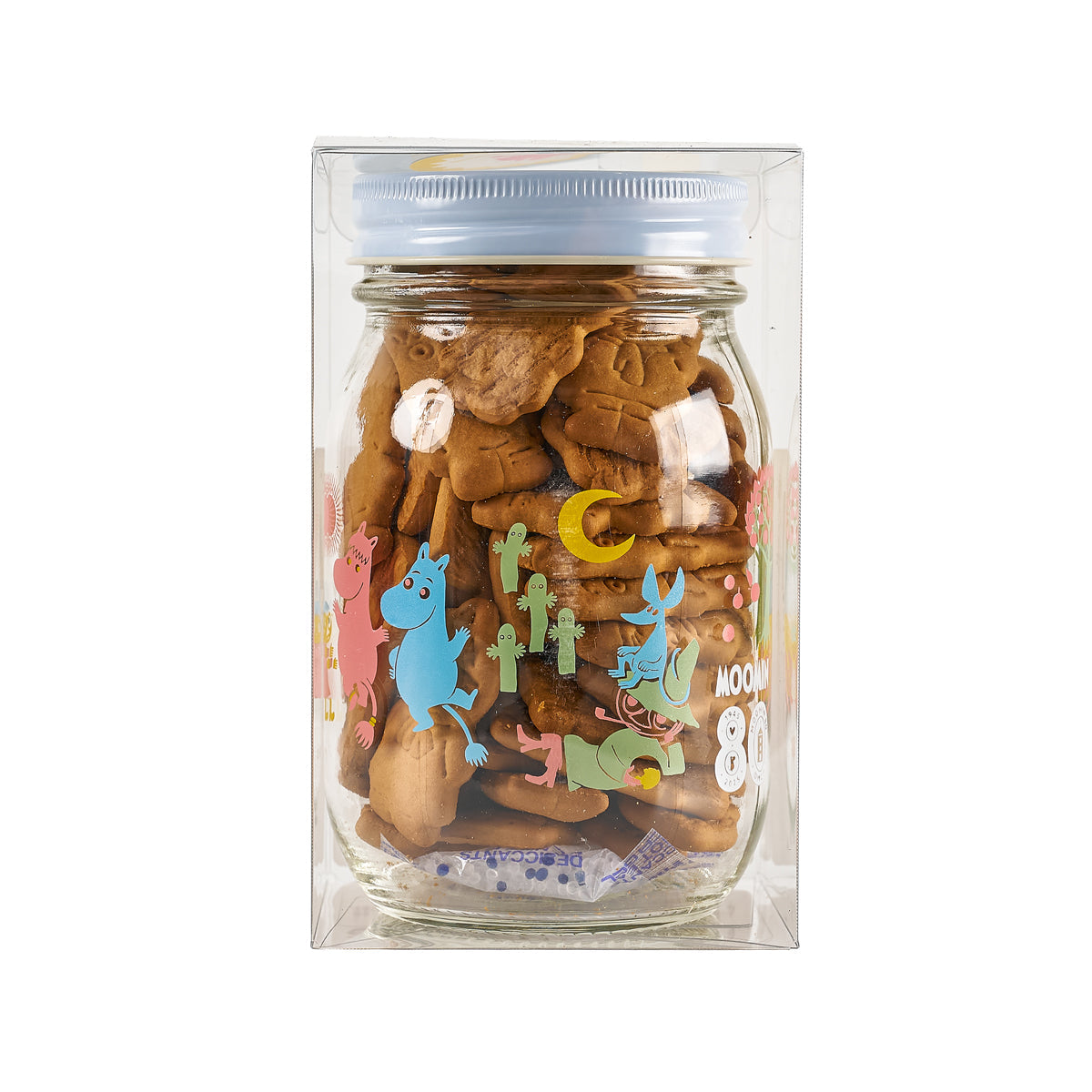 Clear plastic jar of salt caramel biscuits with colorful Moomin character artwork
