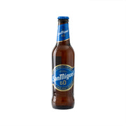 SAN MIGUEL alcohol-free beer bottle, 330 mL, blue cap and front label