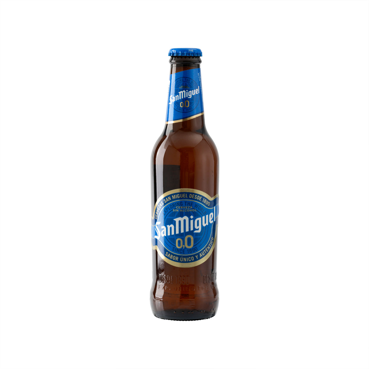 SAN MIGUEL alcohol-free beer bottle, 330 mL, blue cap and front label