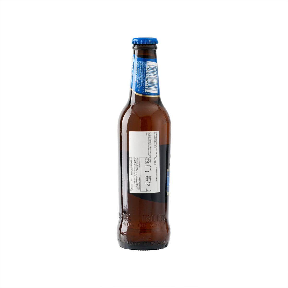 SAN MIGUEL alcohol-free beer bottle, 330 mL, blue cap and back label