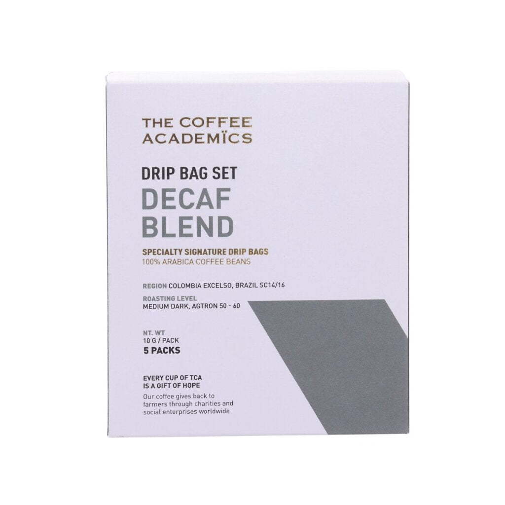 Decaf drip bag set box with THE COFFEE ACADEMICS branding and DECAF BLEND text