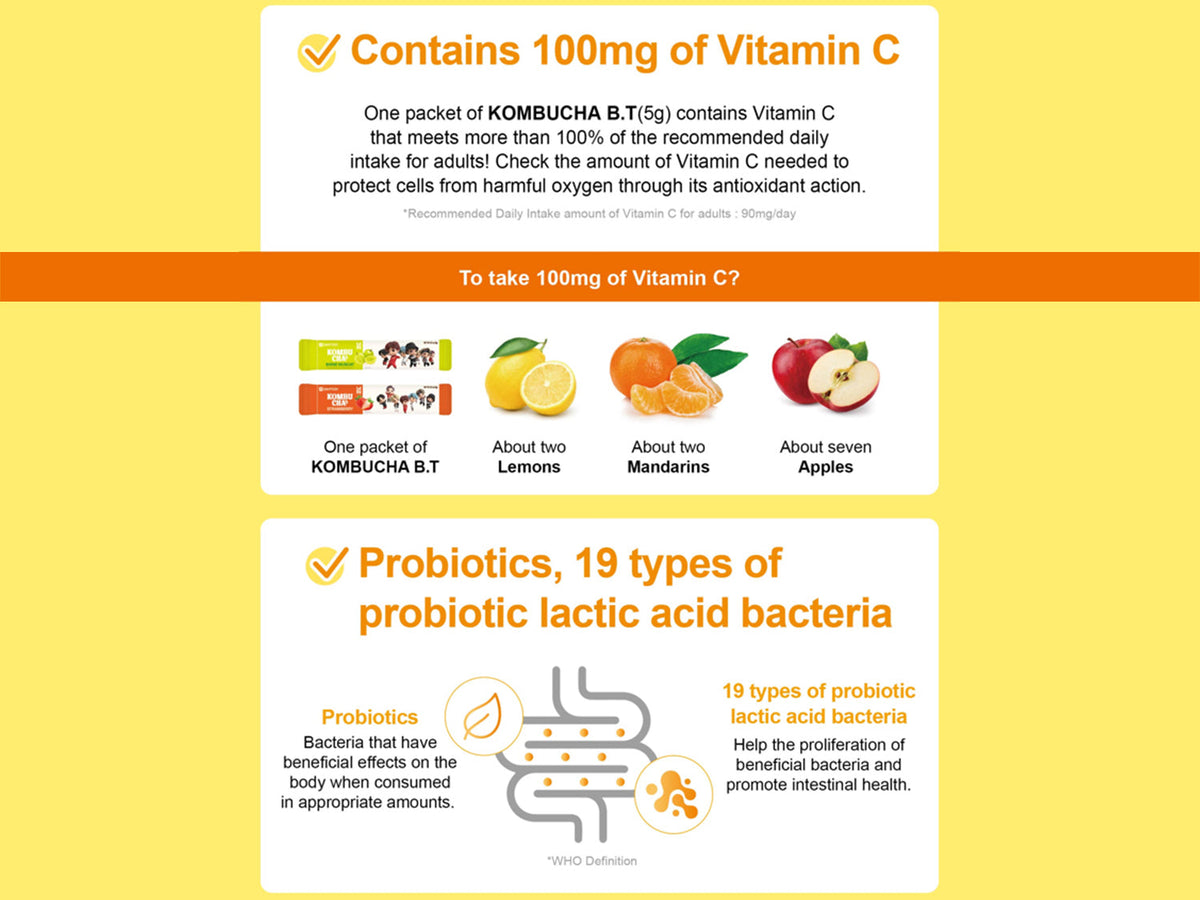 Nutrition infographic showing 100mg vitamin C and 19 strains probiotic lactic bacteria