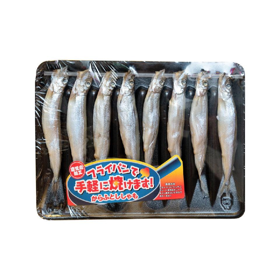 Pack of salted smelt fish with roe in sealed tray, eight pieces