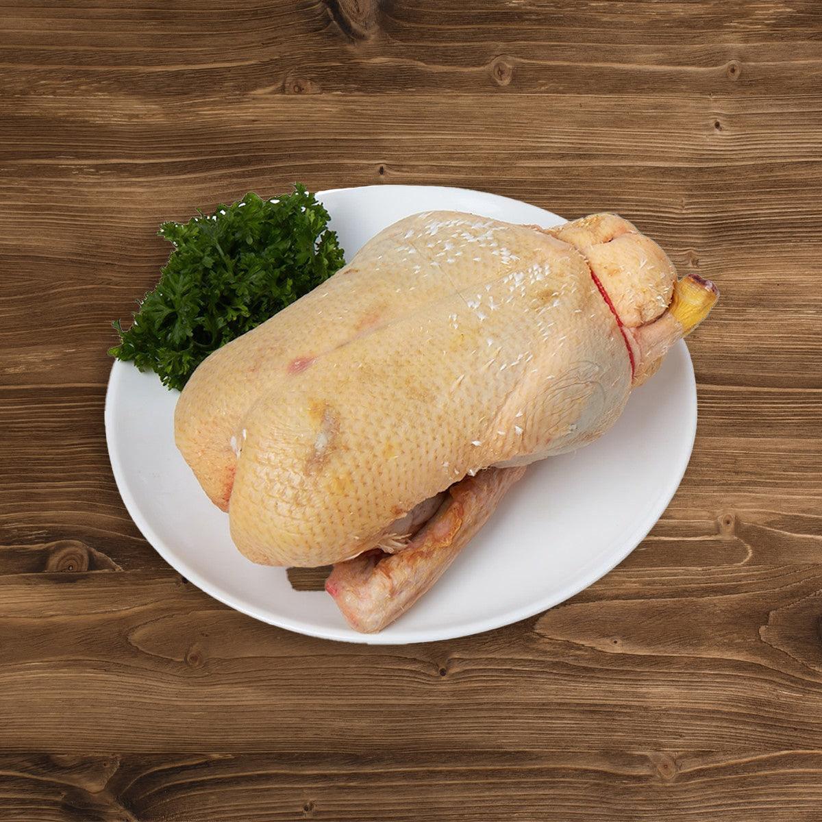 Whole chilled duck on white plate, pale golden skin with legs and wings.