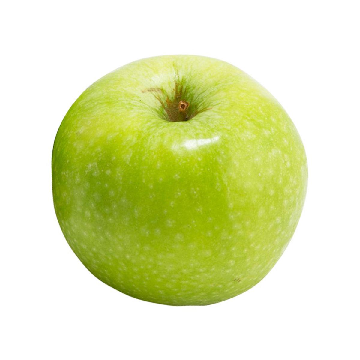 Australian Granny Smith apple, bright green skin with stem end.