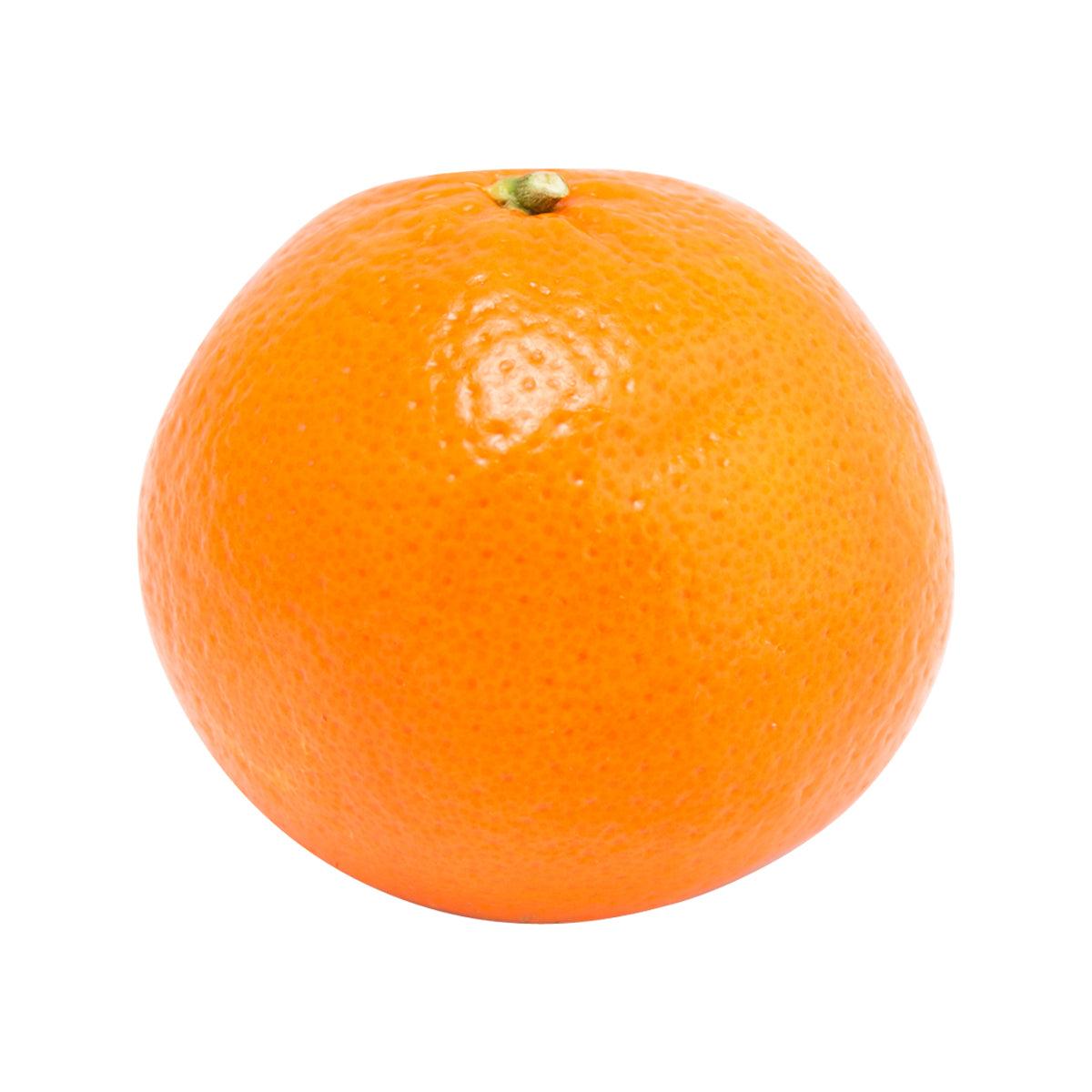 Whole mandarin orange fruit with orange textured peel and small stem