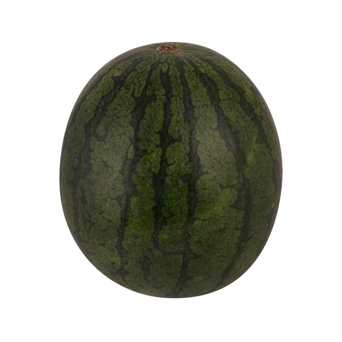 Japanese watermelon fruit with dark green mottled skin and small stem top
