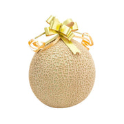 Crown melon with textured rind, tied with gold ribbon bow