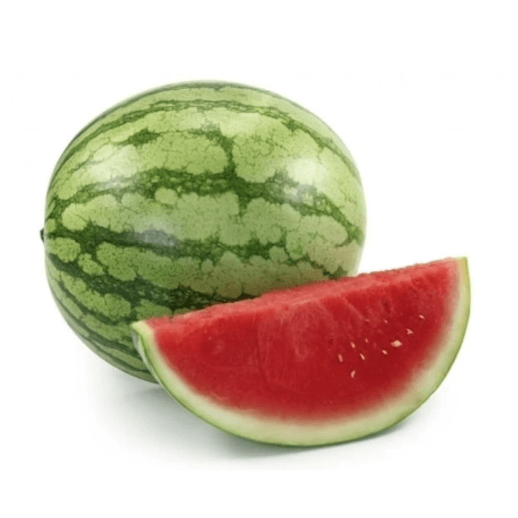 Malaysian watermelon: whole green rind and red-fleshed slice
