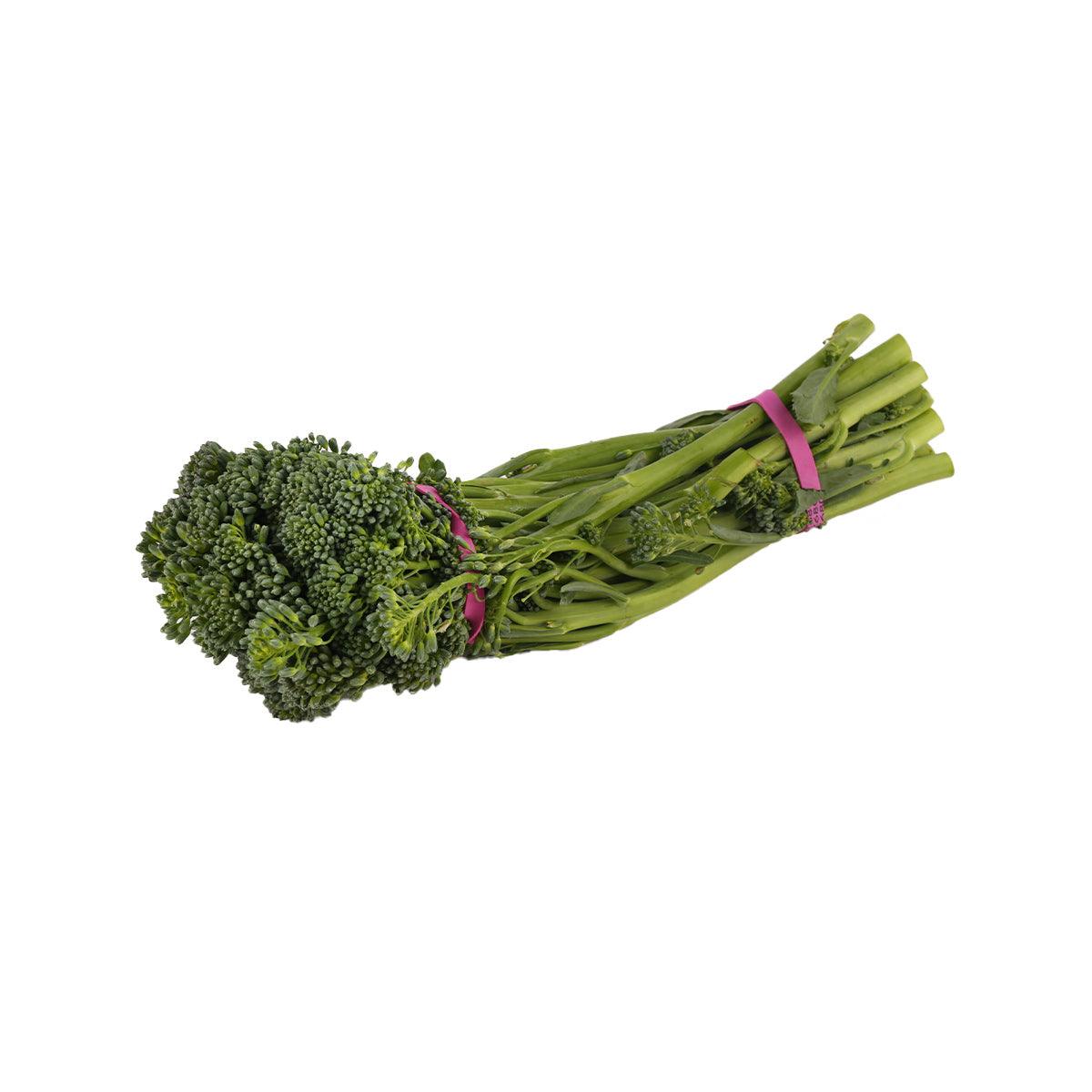 Bundle of green Chinese broccolini with purple tie, 300 g