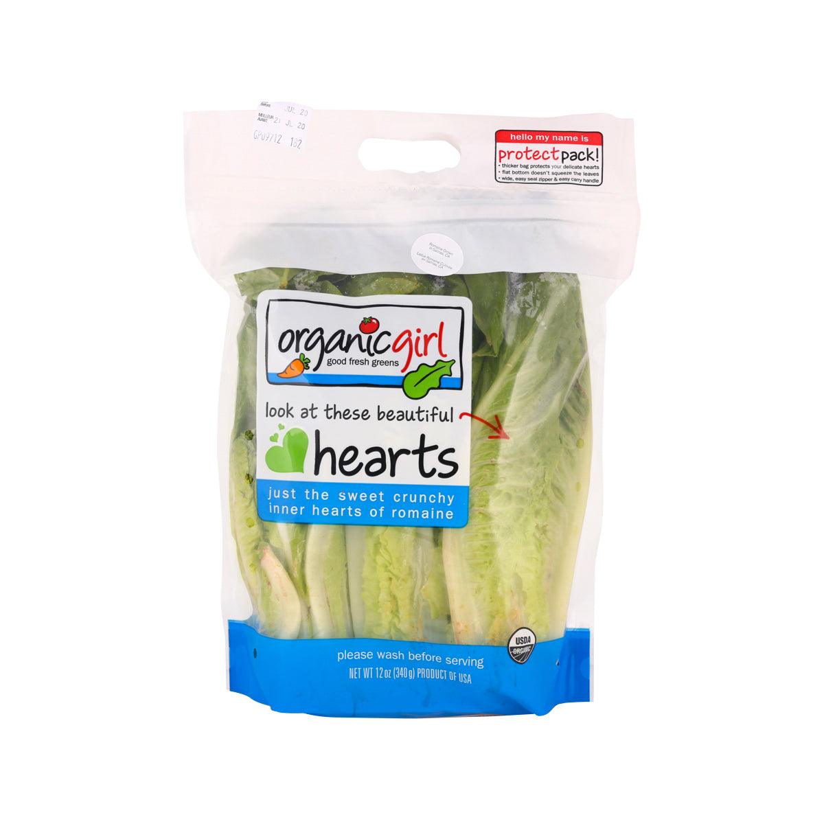 Sealed bag of organic romaine hearts, front label visible