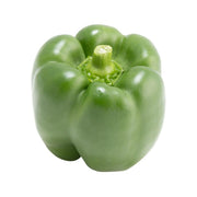 Fresh green bell pepper, three-lobed shape with stem