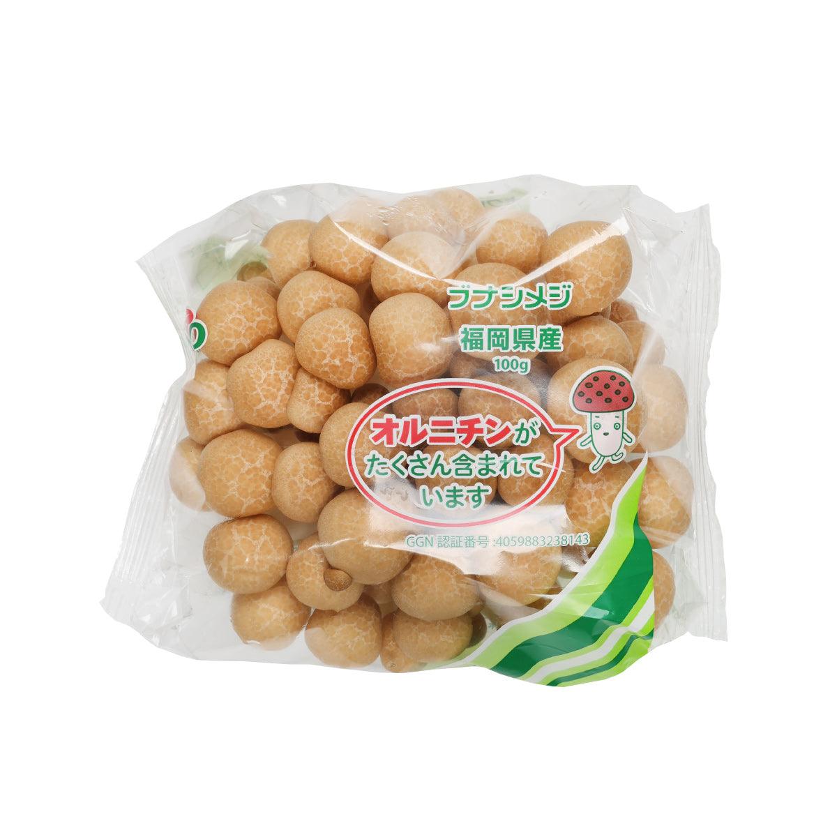 Pack of buna shimeji mushrooms in clear plastic bag