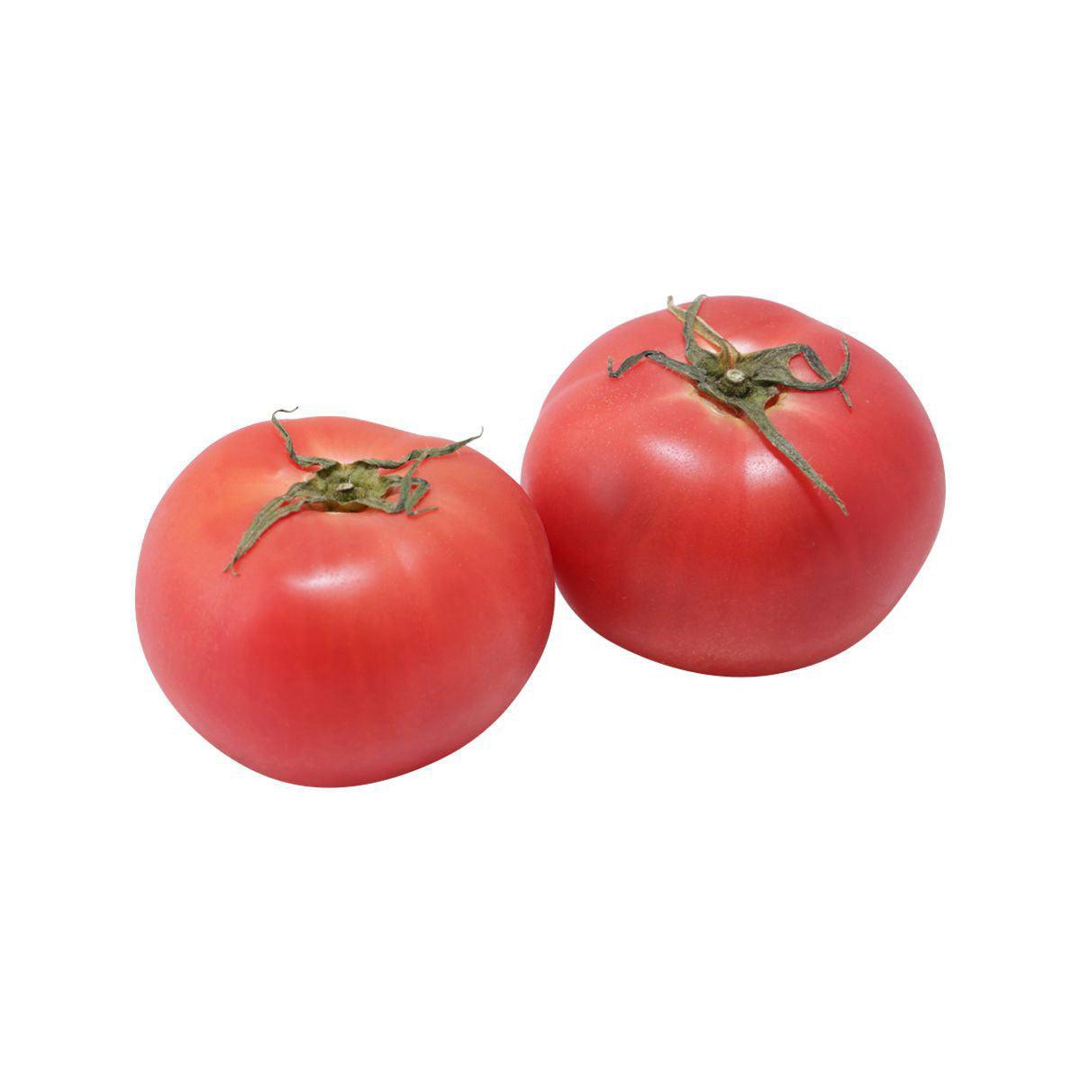 Red tomatoes, two whole fruit with green stems