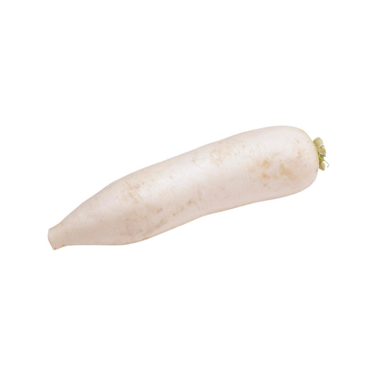 Japanese radish, pale white tapered vegetable with root end and small green tops