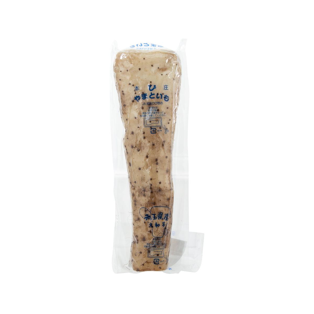 Japanese yam tuber packaged in clear plastic bag with blue label
