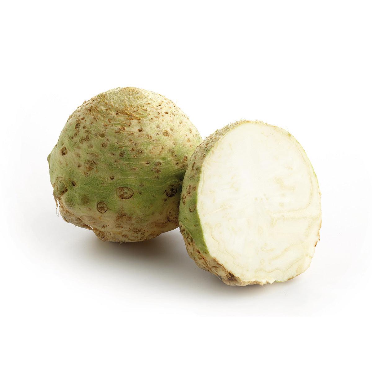 Celeriac root, whole and halved, green-brown skin with white interior