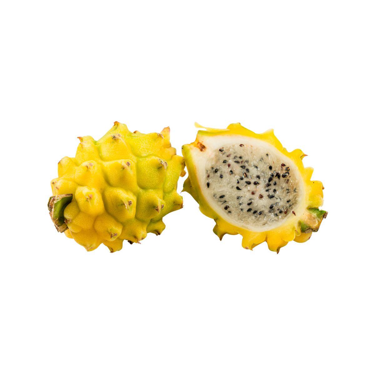 Yellow pitahaya (dragon fruit) halves, one cut showing black seeds and white flesh
