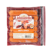 Johnsonville Hot & Spicy smoked sausage pack with three links visible through clear tray
