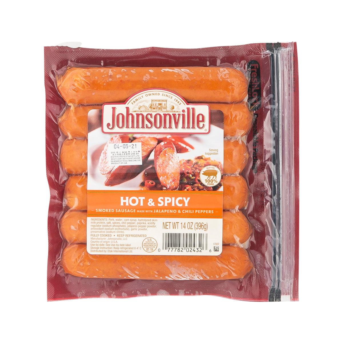 Johnsonville Hot & Spicy smoked sausage pack with three links visible through clear tray